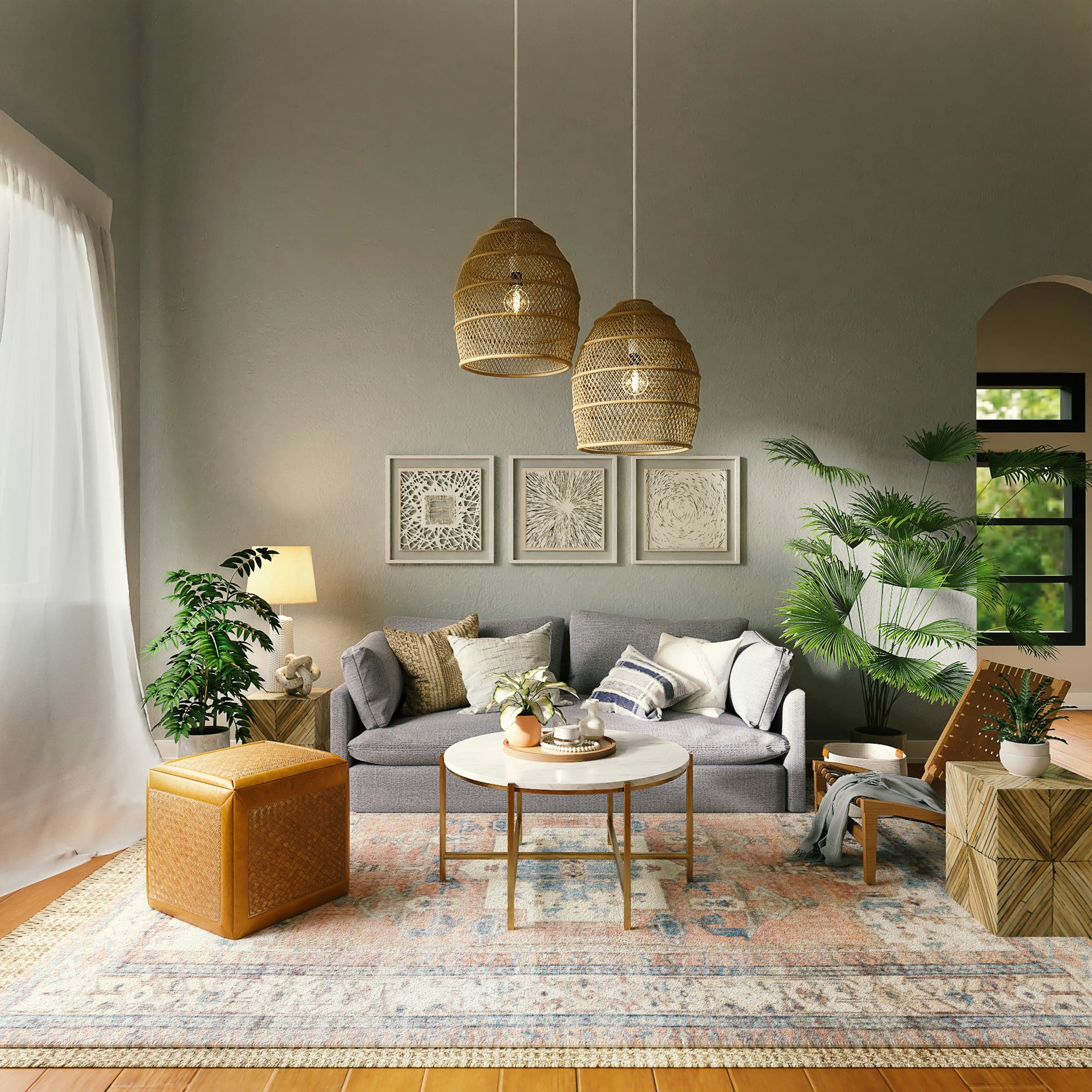 Living hall with warm pendant lighting, layered seating and a soft ceiling wash